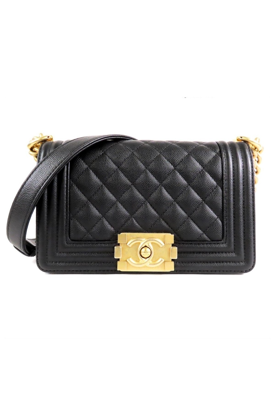 Chanel Shoulder Bag Black Gold Caviar Leather Quilted Stitching Boy Small